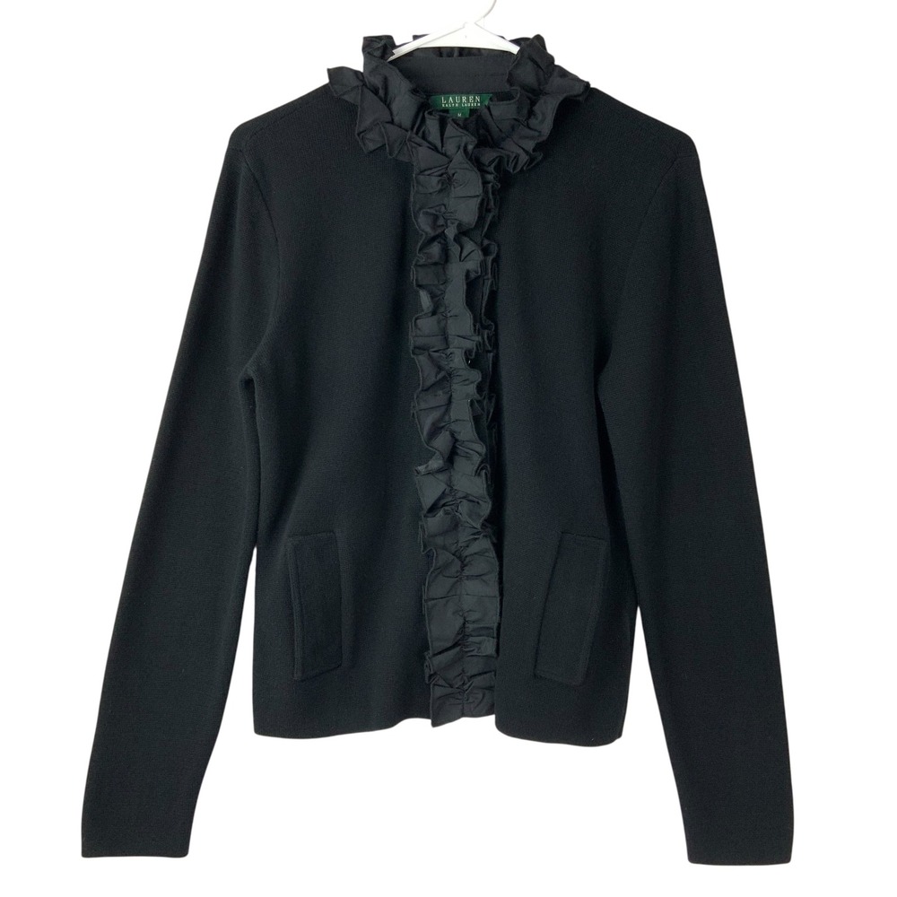 Lauren Ralph Lauren Black Button Up Cardigan M Crew Neck Long Sleeve Ruffle Trim